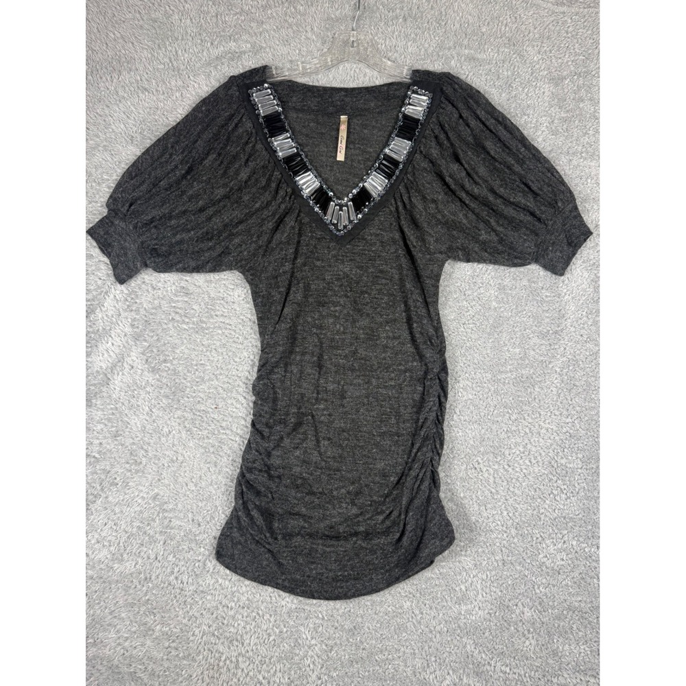 Cemi Ceri Tunic Top Womens Medium Gray  Embellished Ruched Puff Sleeve